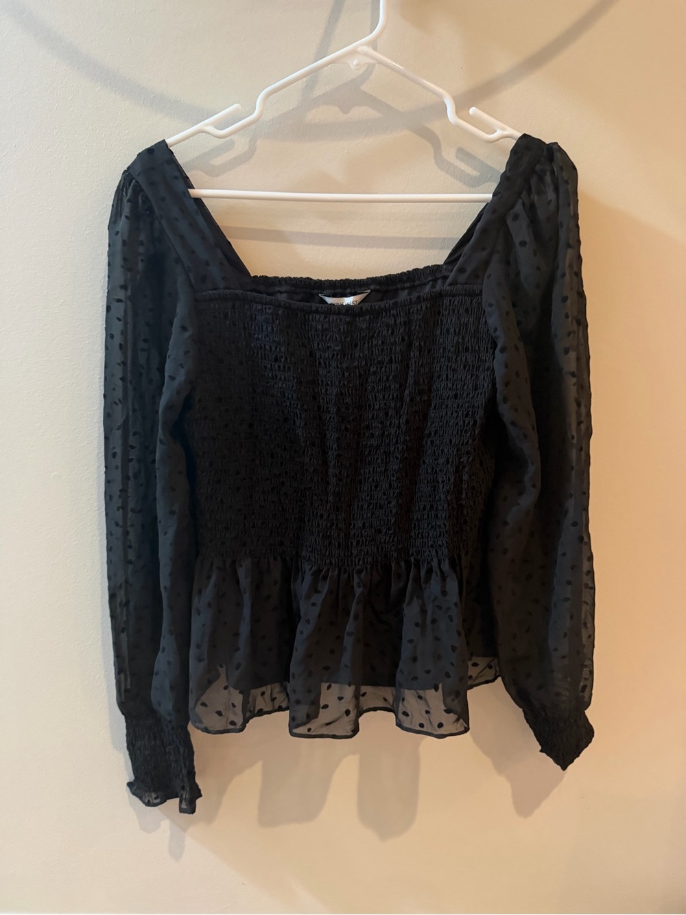 Nine West Black Swiss Dot Smocked Peplum Blouse Long Sleeve
